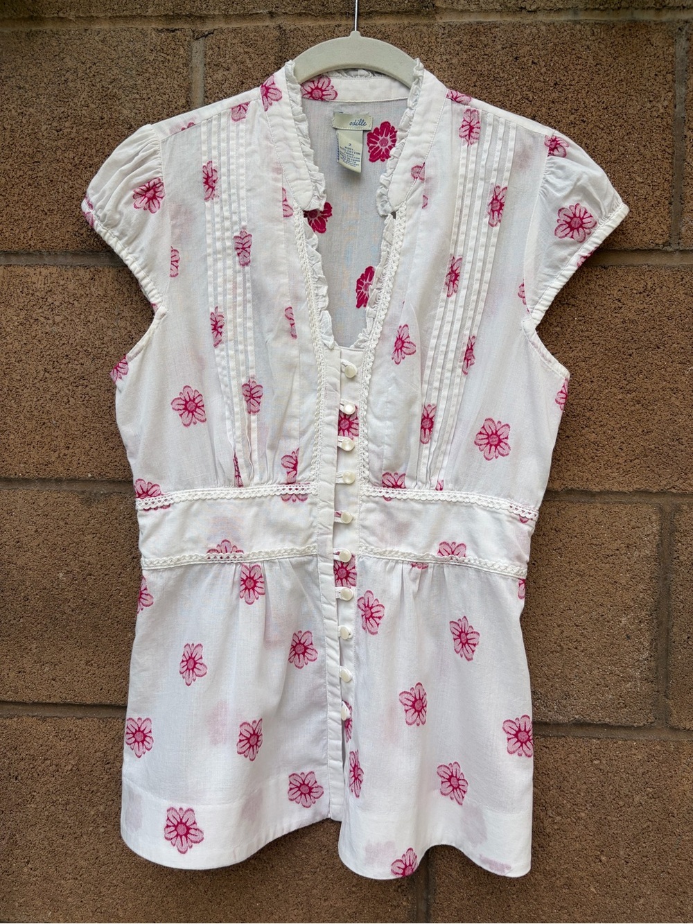 Odille White and Pink Floral Button-Front Cotton Top